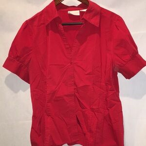 Worthington Stretch Red Puff Sleeve Short Sleeve Button Down Blouse Top  | 16